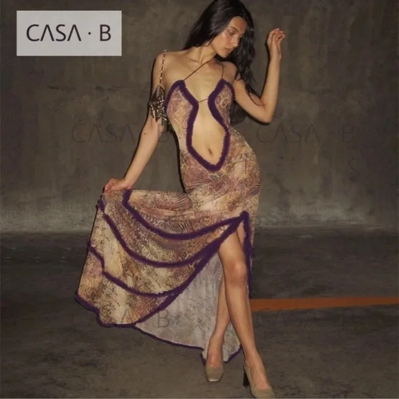 NEW to CASA B💫|Seraphina Sheer Cut-Out Frill Leopard Script Print Maxi dress - Picture 15 of 16